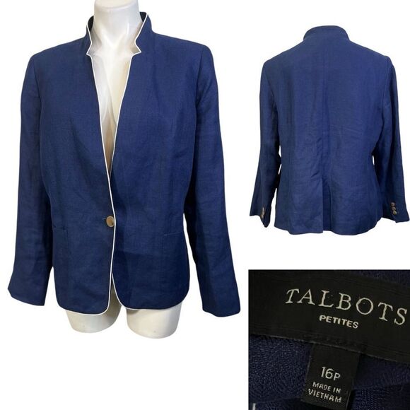 Talbots Aberdeen blazer 16 petite blue 100% linen long sleeve casual office - Picture 1 of 6
